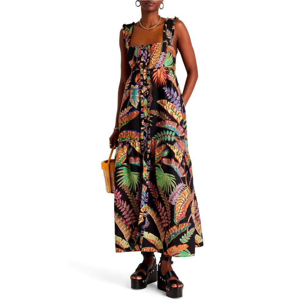 Farm Rio XS Cool Foliage Button Front Maxi Dress $285 Tropical Jungle Black NWT